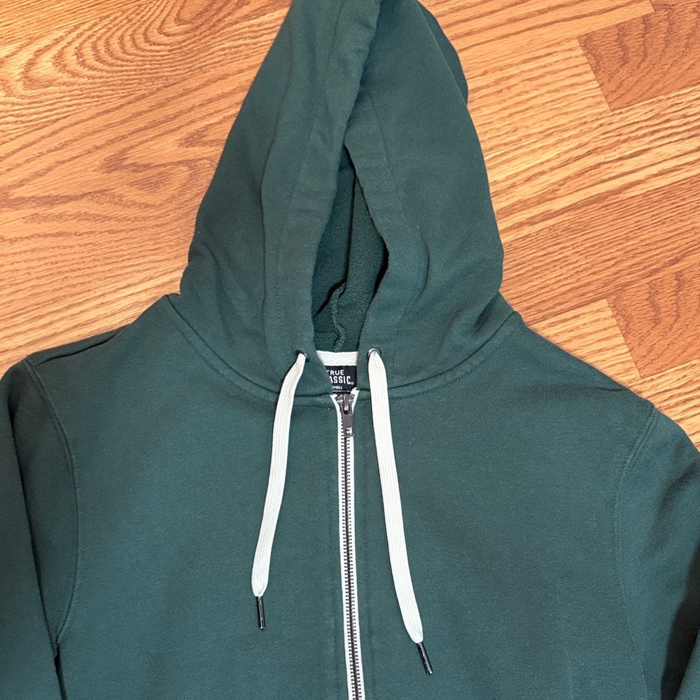 True Classic, Forest Green Full-Zip Hoodie with White Drawstrings small - Picture 2 of 6